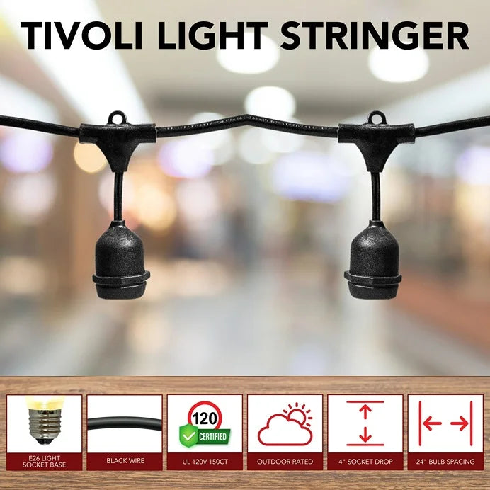 250FT-E26-Tivoli-Light-Stringer-w4-Drop-24-Spacing-Black-Wire-No-Bulbs-4