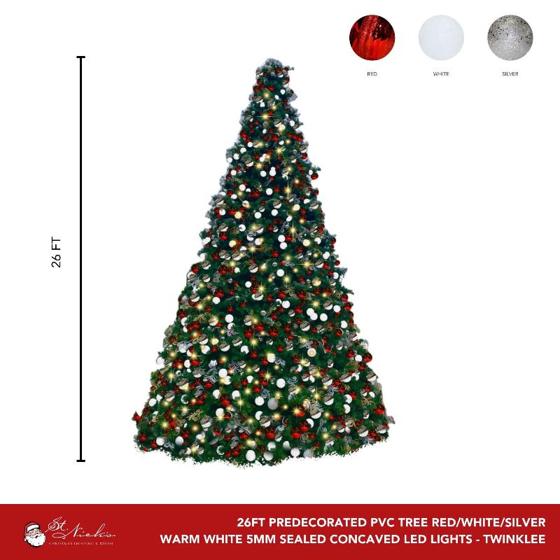 Pre-Decorated Frame with and Ornaments 26FT - WW 5MM Every 10th bulb a cool white Strobe Red silver ornaments - Trees