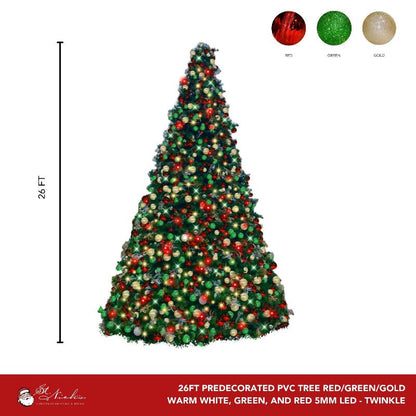 Pre-Decorated Frame with and Ornaments -26FT - WW Green Red 5MM - Twinkle Gold ornaments - Trees