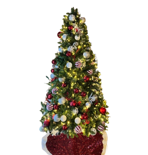 Christmas-Tree-7.5FT-predecorated-with-Lights-Red-Silver-White-Ornament