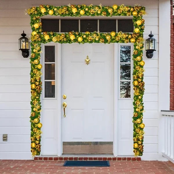 Green-Garland Pre-Decorated-Gold-W-Warm-White-Lights-9X14-5