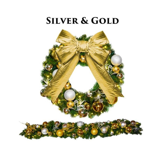 Silver and Gold Christmas Bundle Gold Bow and Wreath and Garland