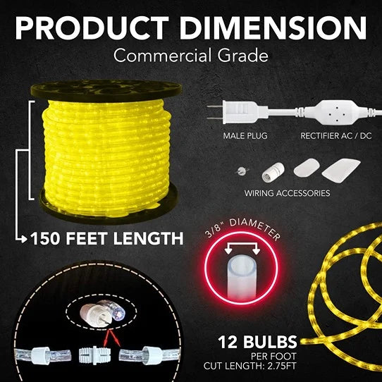 Yellow Rope Light 3/8’’ - 150FT Roll