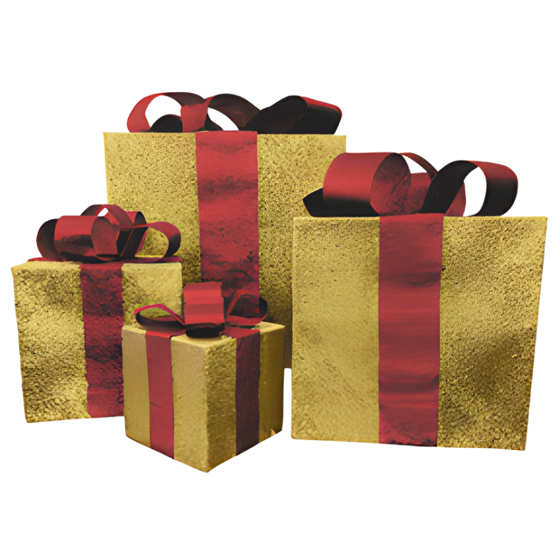 GLITTERED GIFT BOX SET - GOLD WITH BURGUNDY RIBBON - Non-Lighted Display