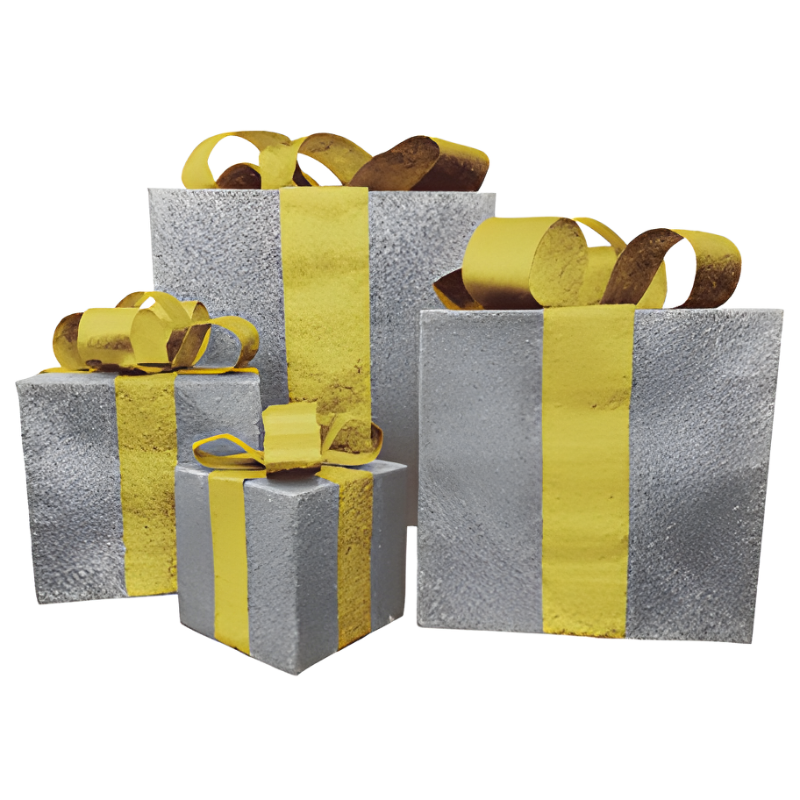 GLITTERED GIFT BOX SET - SILVER WITH GOLD RIBBON - Non-Lighted Display