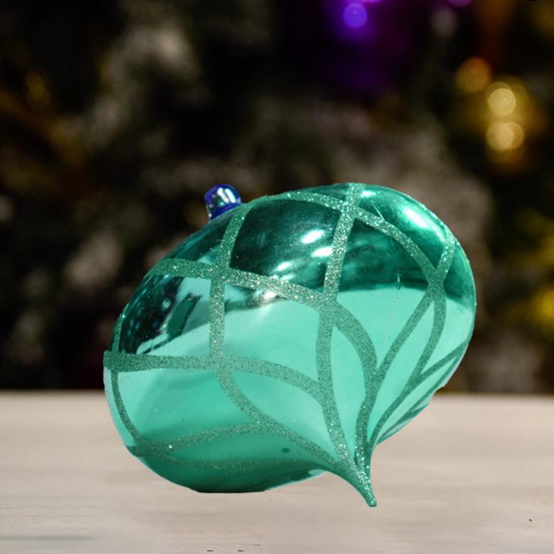 Green Aqua Shiny With Glitter Flower Onion - 150MM - Ornament