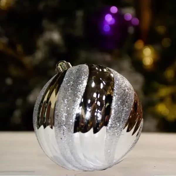 Silver Shiny With Glitter Swirl Ball Ornament - 150MM